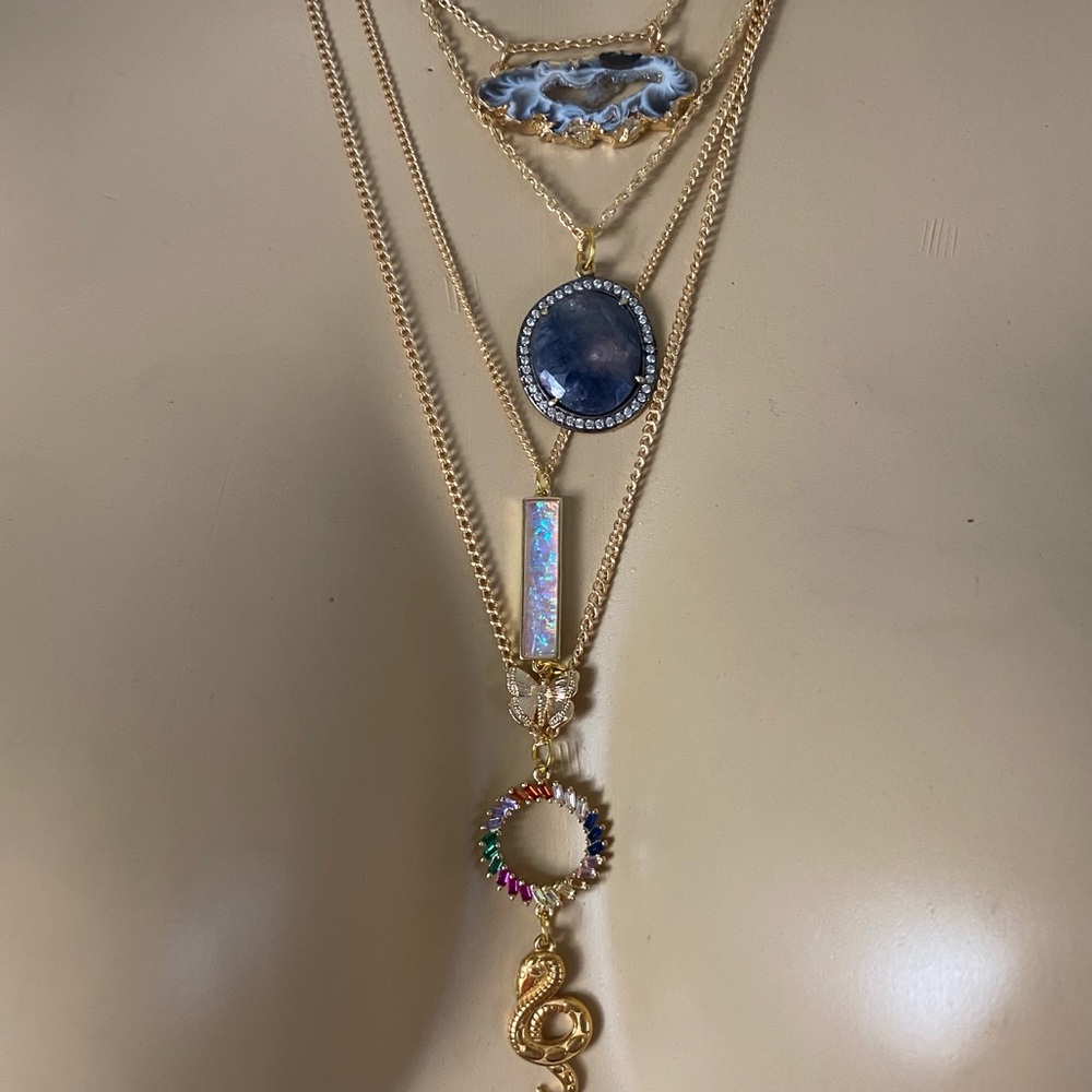 Laborite, opal, raw geode, golden snake necklace